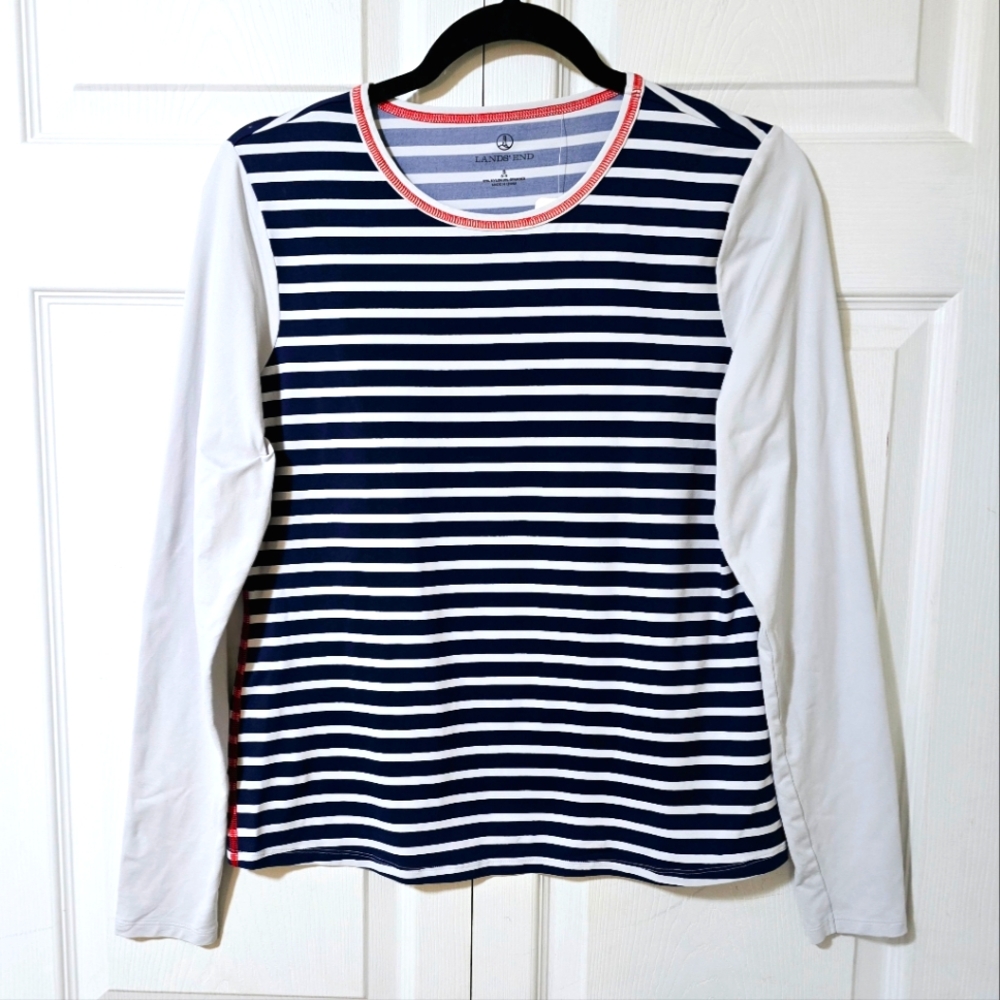 LANDS END Womens Size Small Red Blue White Striped Long Sleeve Stretchy Blouse